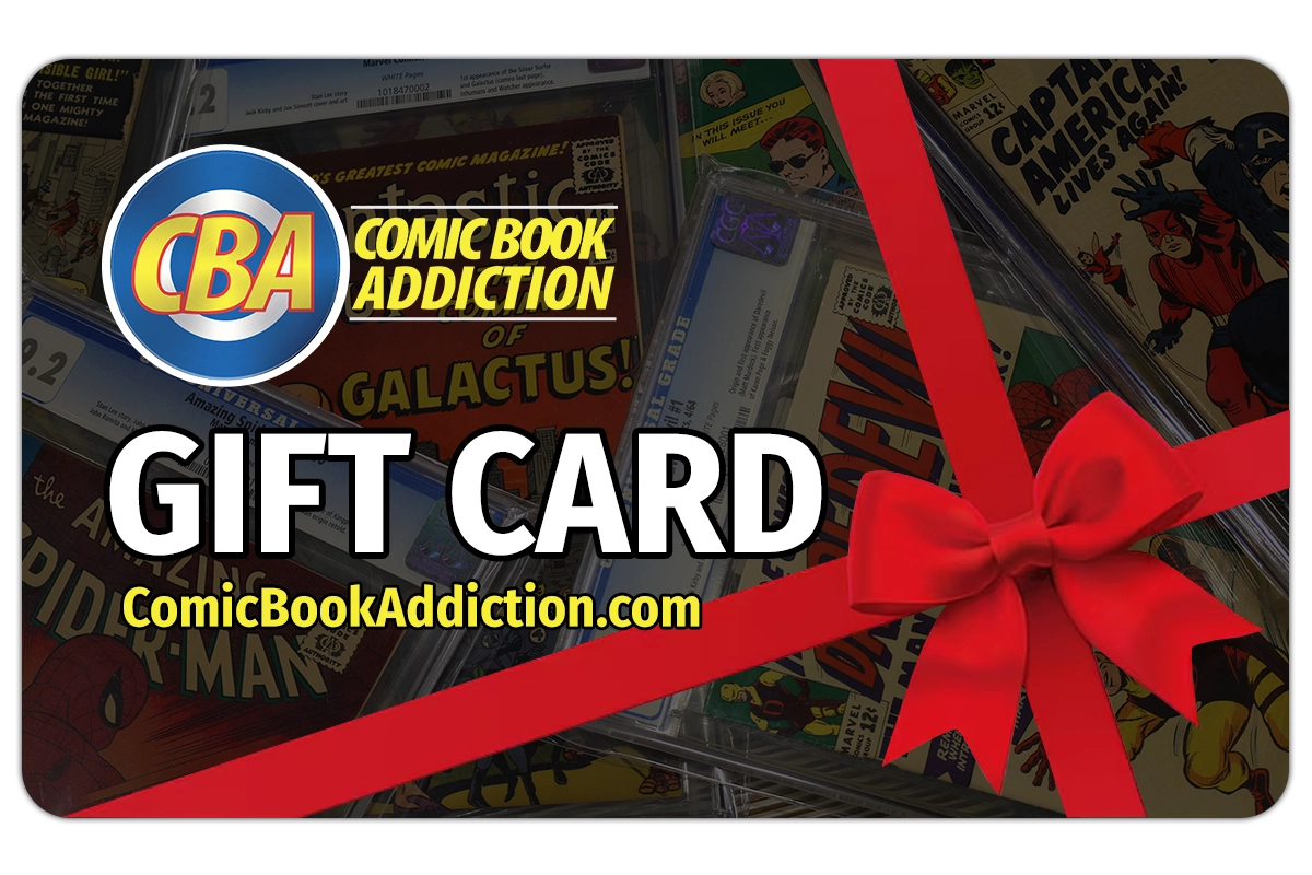 Comic Book Addiction gift card with comic books in the background